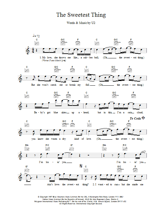 U2 The Sweetest Thing sheet music notes and chords. Download Printable PDF.