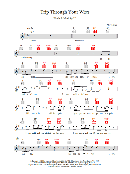 U2 Trip Through Your Wires sheet music notes and chords - Download Printable PDF and start playing in minutes.