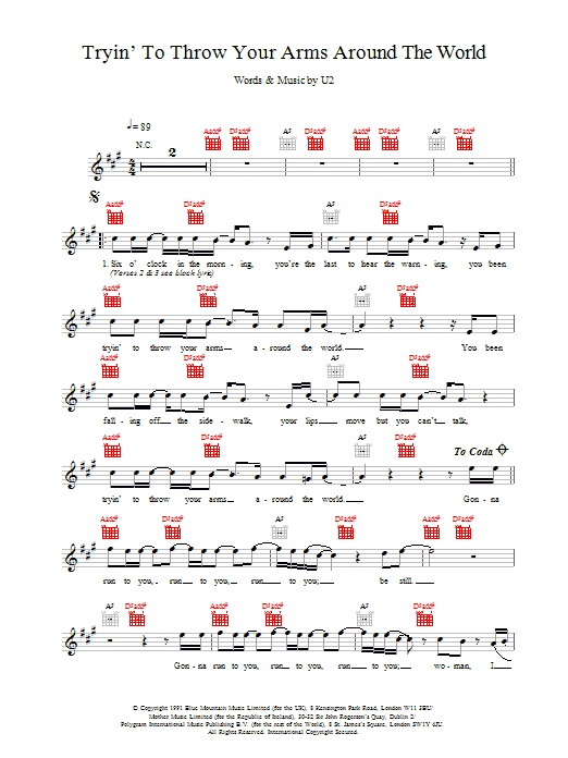 U2 Tryin' To Throw Your Arms Around The World sheet music notes and chords. Download Printable PDF.