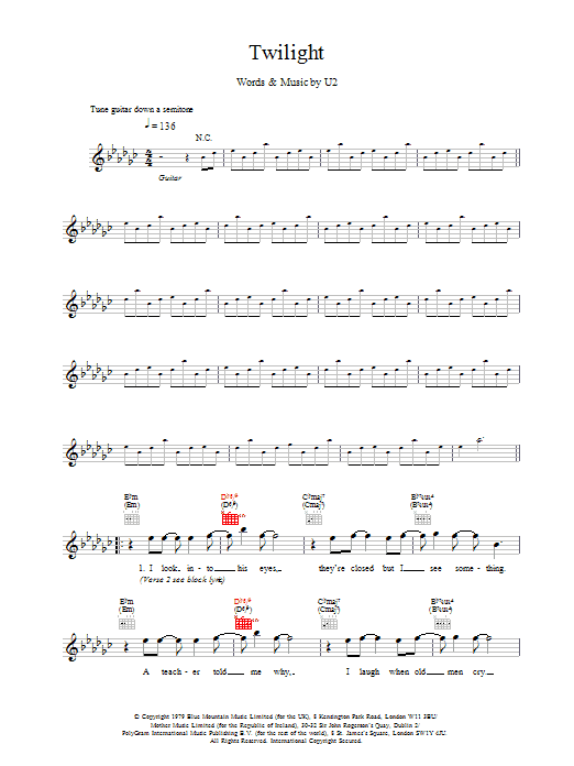 U2 Twilight sheet music notes and chords - Download Printable PDF and start playing in minutes.