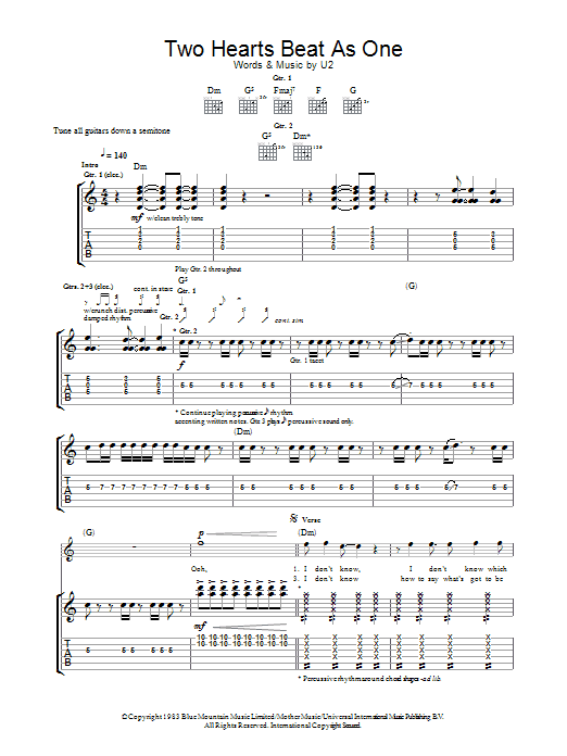 U2 Two Hearts Beat As One sheet music notes and chords. Download Printable PDF.