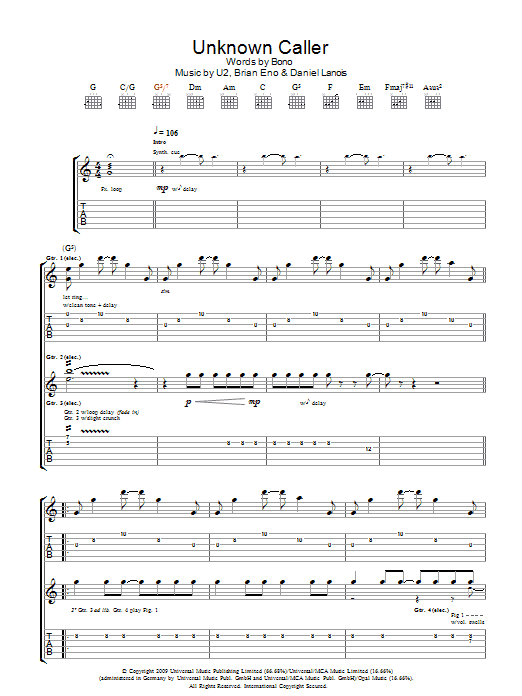 U2 Unknown Caller sheet music notes and chords. Download Printable PDF.