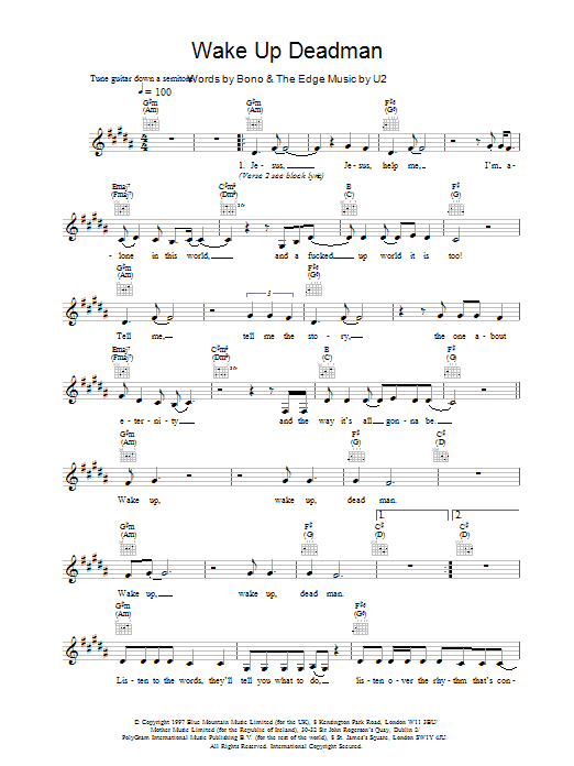 U2 Wake Up Dead Man sheet music notes and chords. Download Printable PDF.