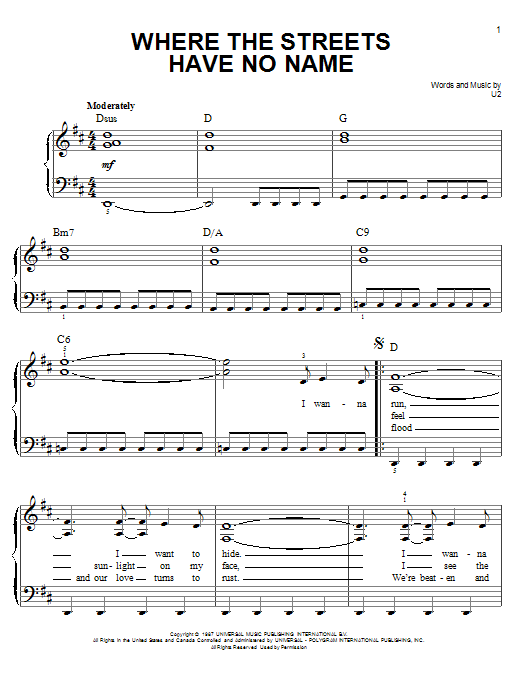 U2 Where The Streets Have No Name sheet music notes and chords. Download Printable PDF.