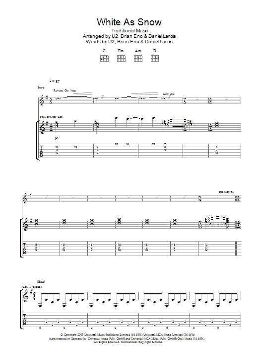 U2 White As Snow sheet music notes and chords. Download Printable PDF.