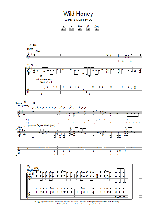 U2 Wild Honey sheet music notes and chords. Download Printable PDF.