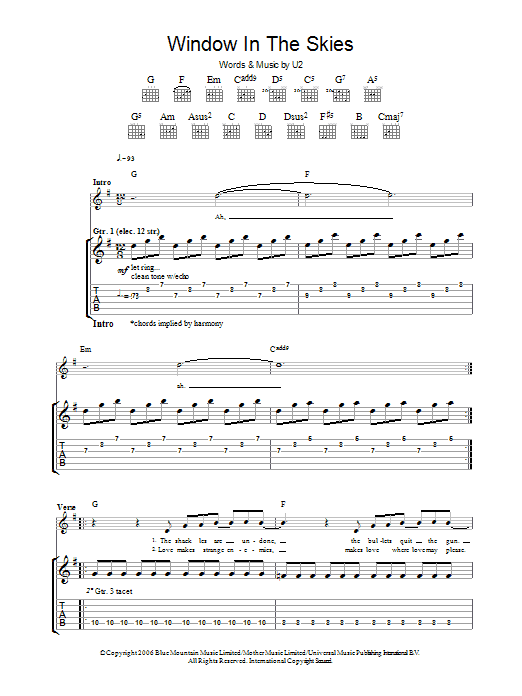 U2 Window In The Skies sheet music notes and chords. Download Printable PDF.