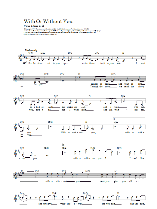 U2 With Or Without You sheet music notes and chords. Download Printable PDF.
