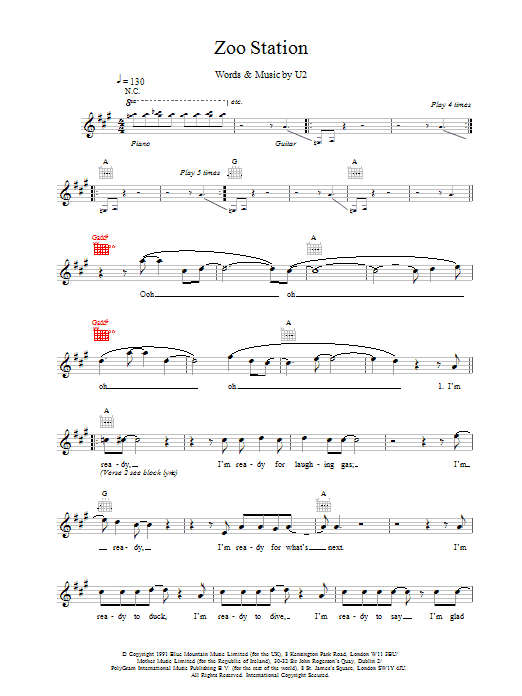 U2 Zoo Station sheet music notes and chords. Download Printable PDF.