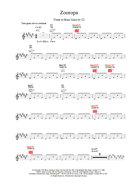 U2 Zooropa sheet music notes and chords. Download Printable PDF.