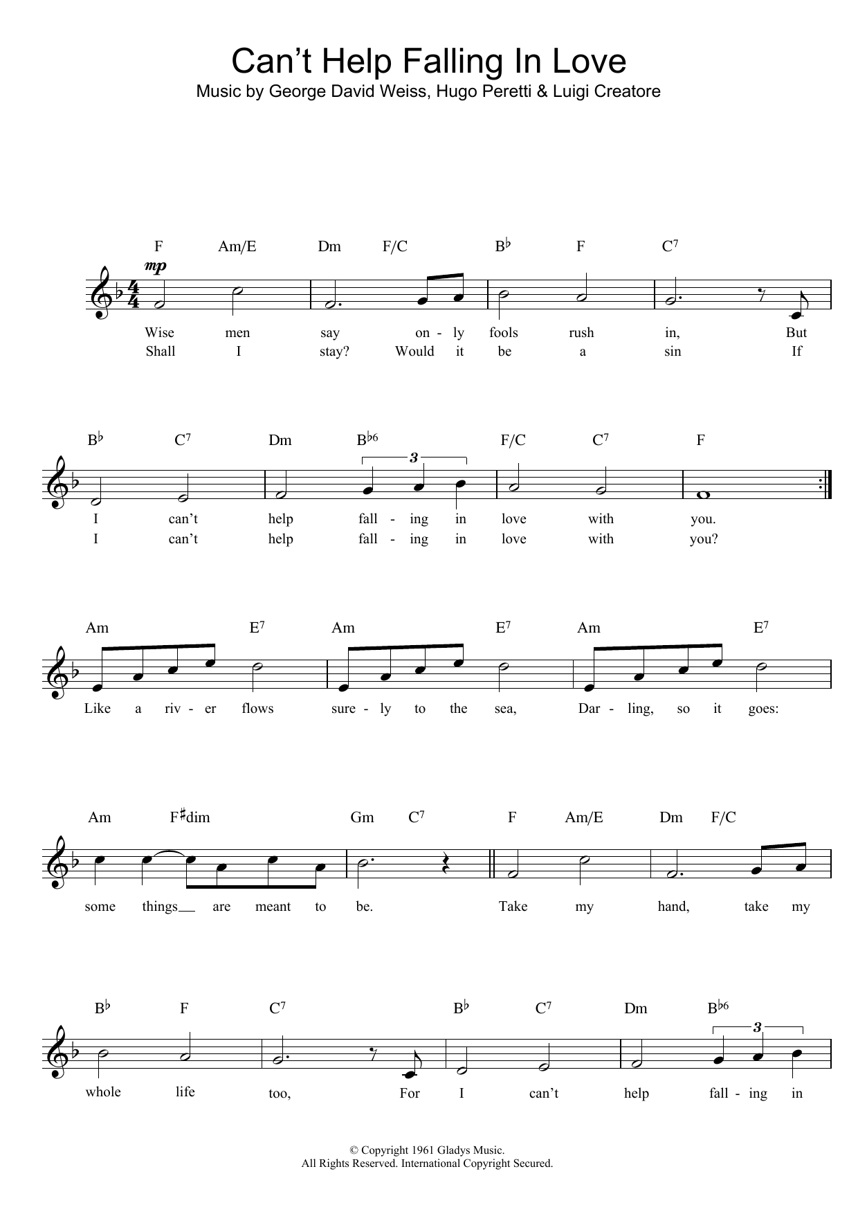 UB40 Can't Help Falling In Love sheet music notes and chords. Download Printable PDF.
