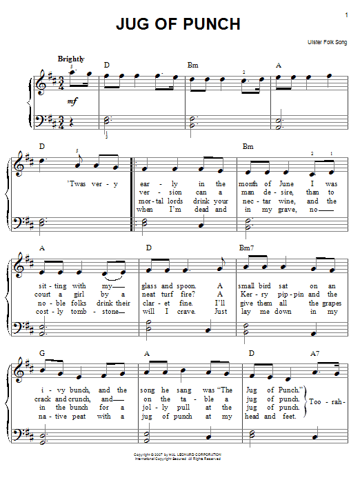 Learn to play Ulster Folk Song Jug Of Punch sheet music for Easy Piano in minutes. Price: 6.9900$ Ulster Folk Song Jug Of Punch sheet music notes and chords arranged for Easy Piano