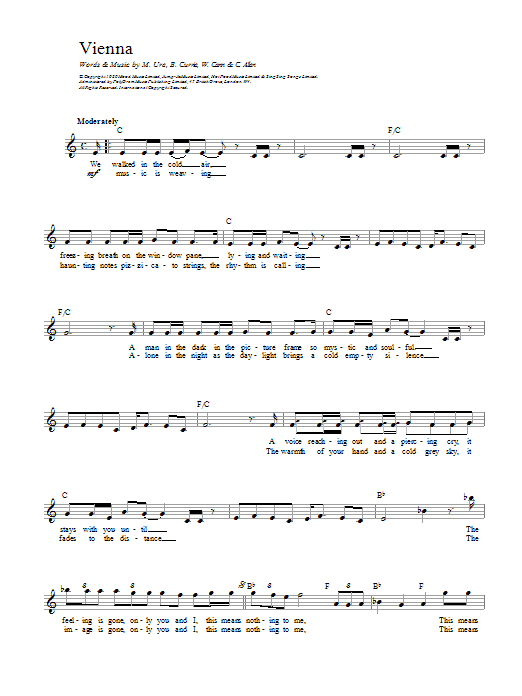Ultravox Vienna sheet music notes and chords. Download Printable PDF.