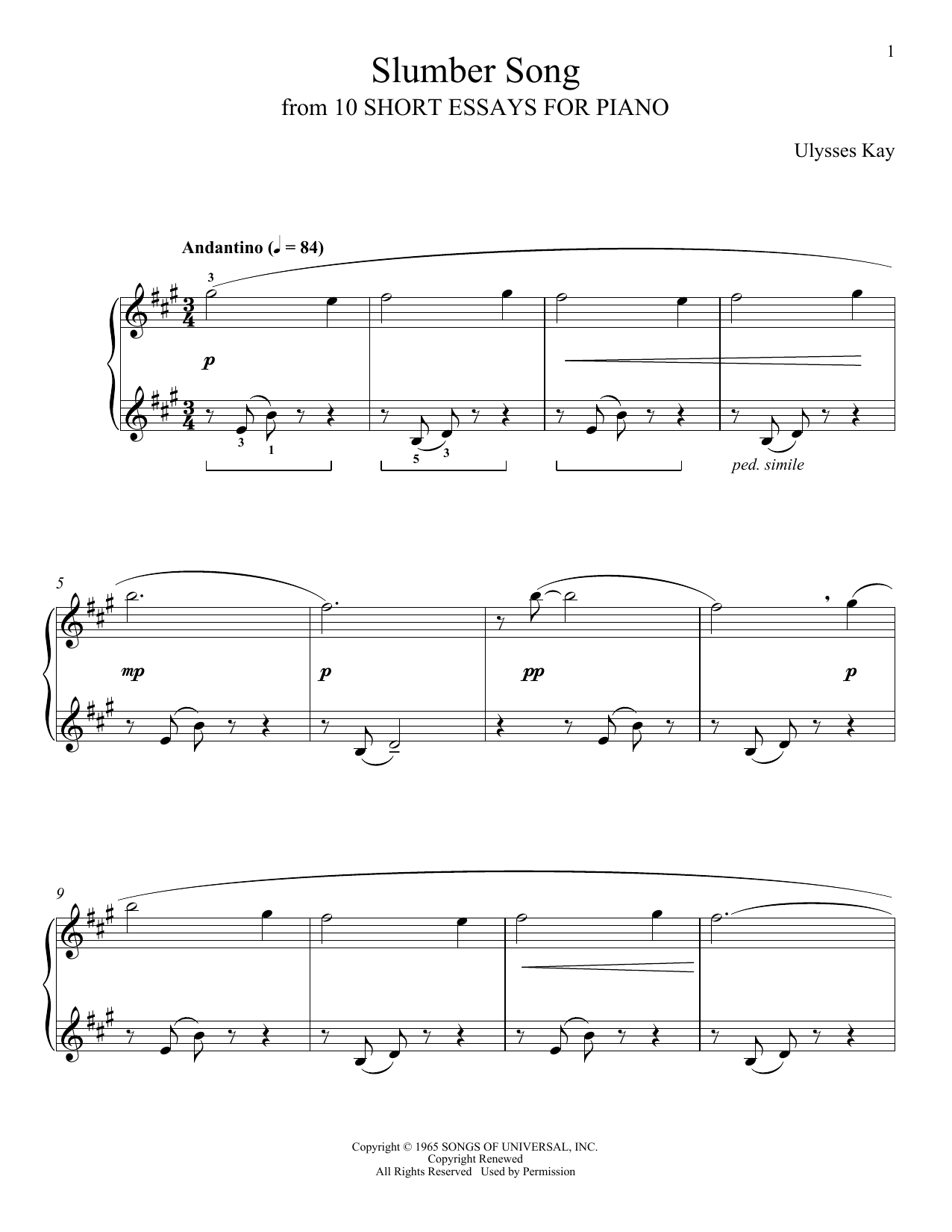 Ulysses Kay Slumber Song sheet music notes and chords. Download Printable PDF.