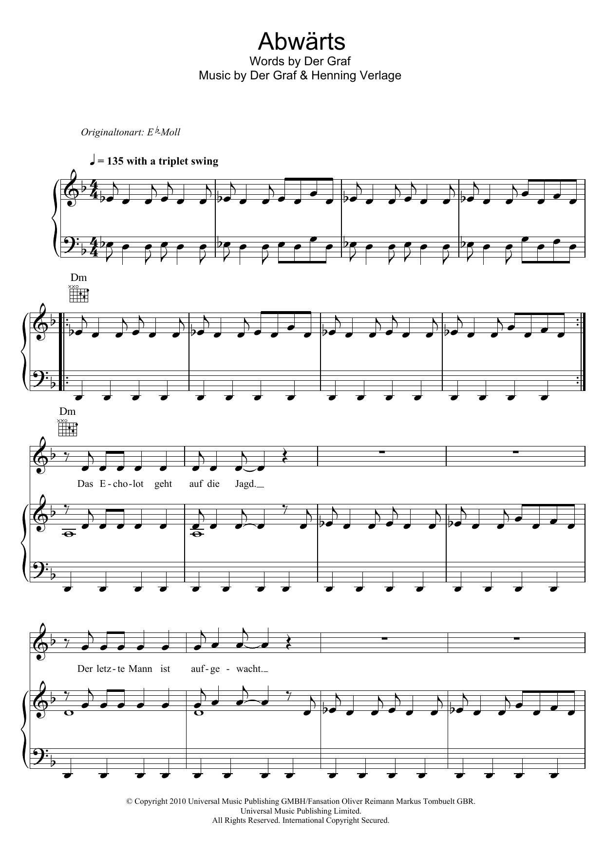 Unheilig Abwärts sheet music notes and chords. Download Printable PDF.