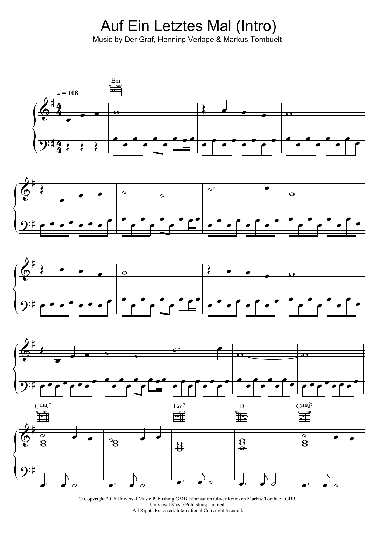 Unheilig Auf Ein Letztes Mal (Intro) sheet music notes and chords. Download Printable PDF.