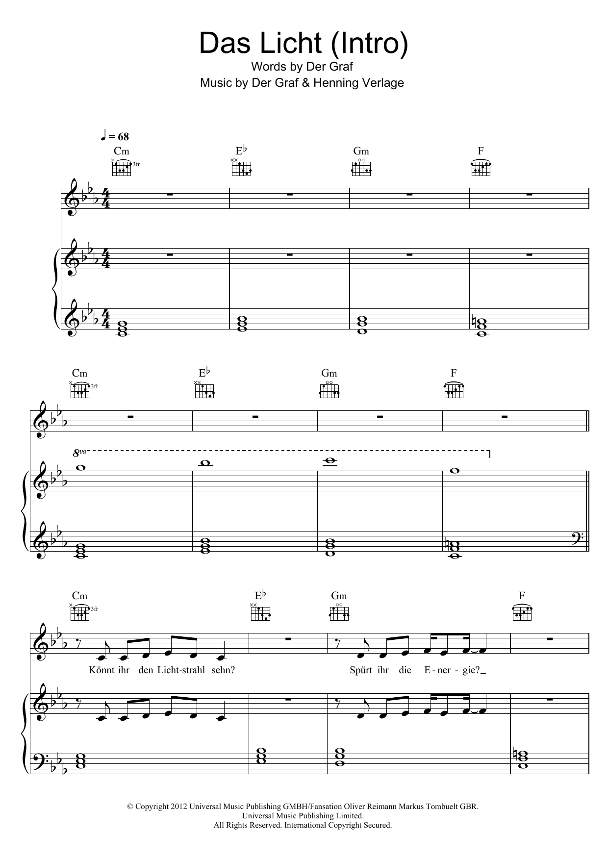 Unheilig Das Licht (Intro) sheet music notes and chords. Download Printable PDF.