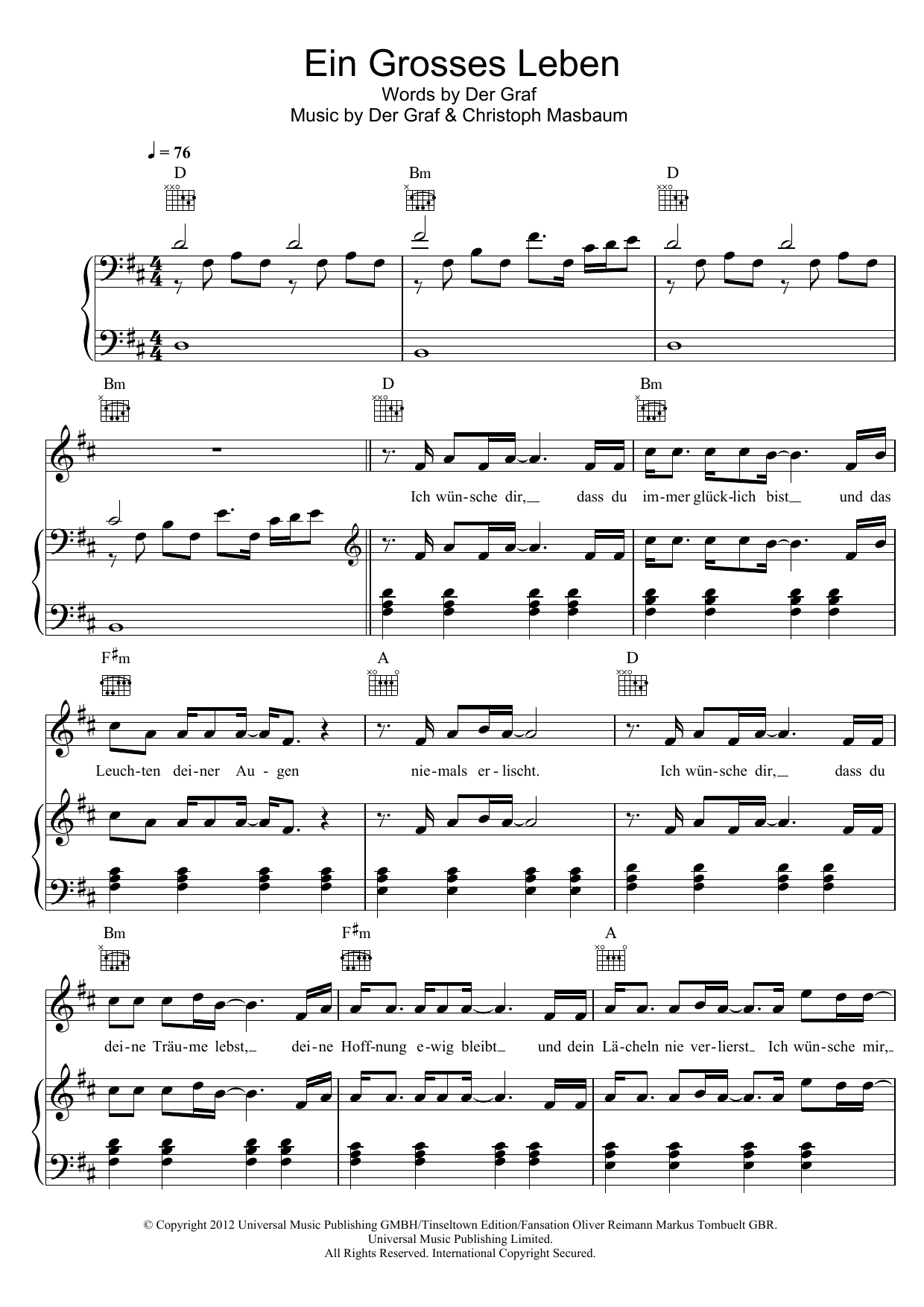 Learn to play Unheilig Ein Grosses Leben sheet music for Piano, Vocal & Guitar (Right-Hand Melody) in minutes. Unheilig Ein Grosses Leben sheet music notes and chords. Download Printable PDF.