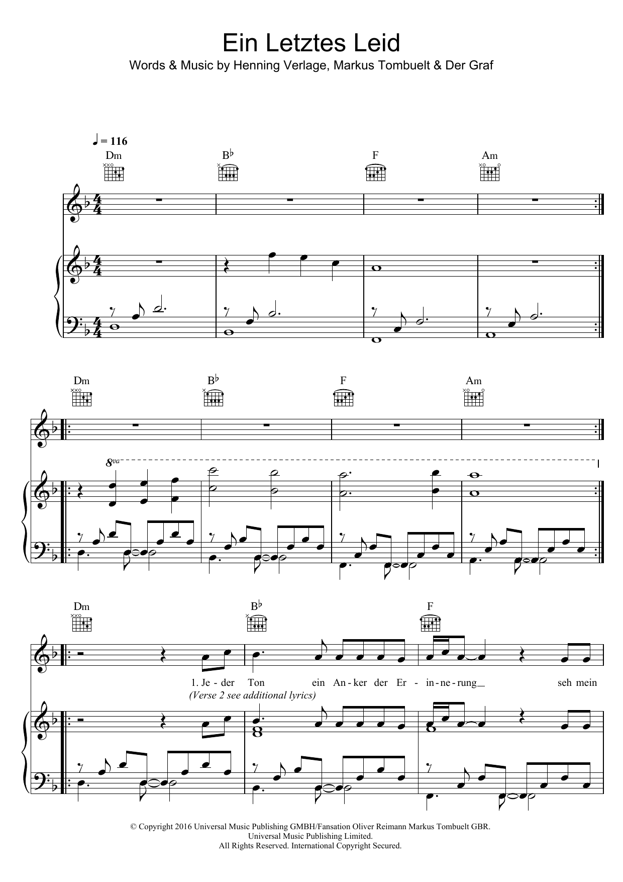 Unheilig Ein Letztes Lied sheet music notes and chords. Download Printable PDF.