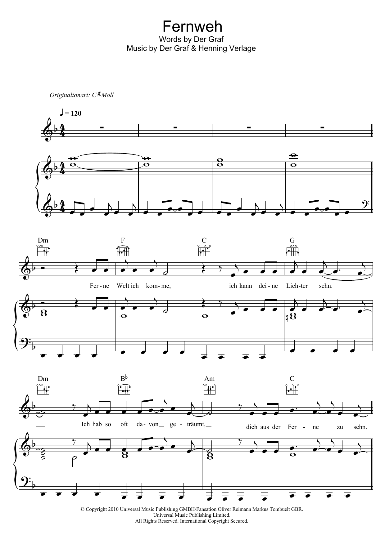 Unheilig Fernweh sheet music notes and chords. Download Printable PDF.