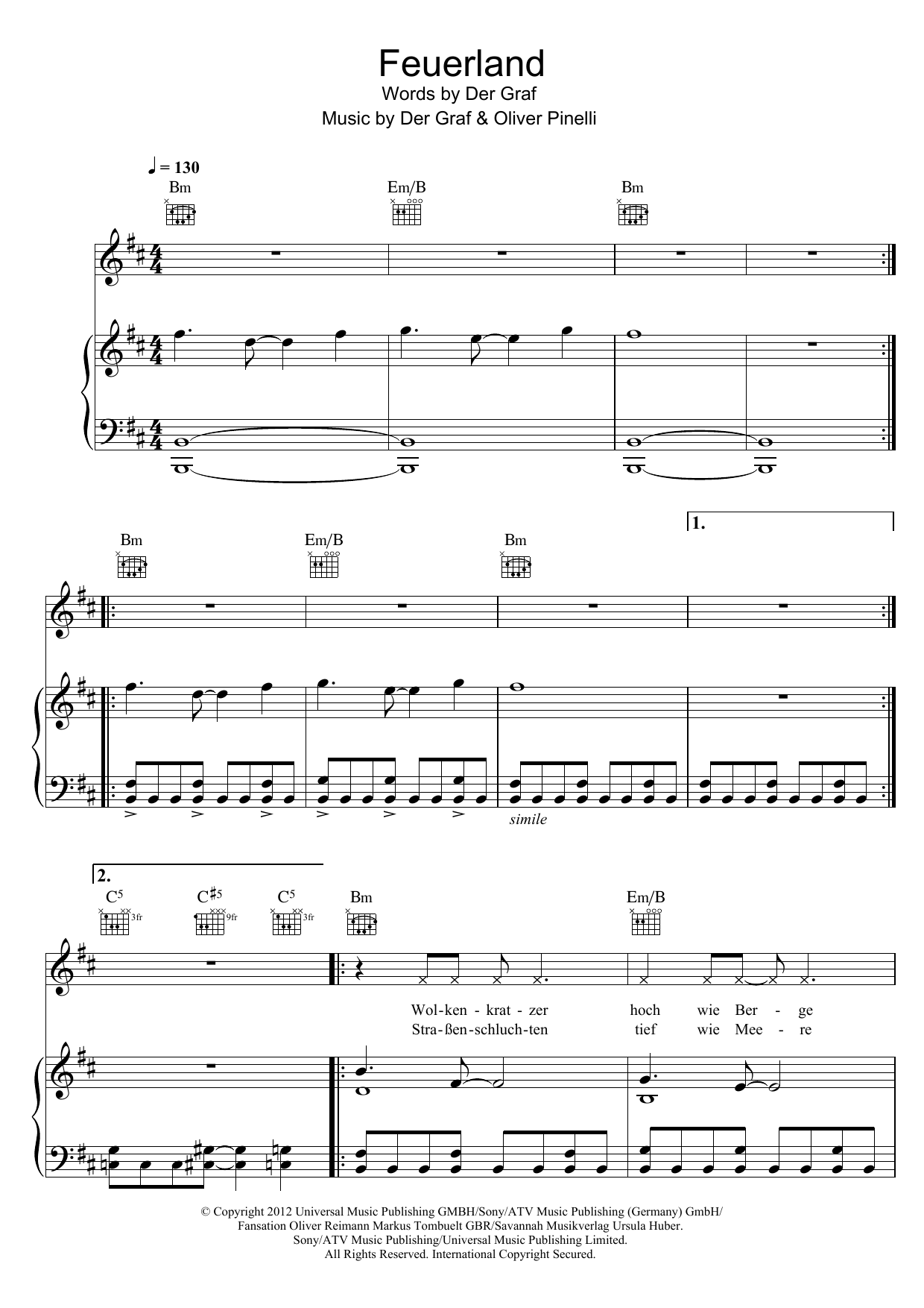 Unheilig Feuerland sheet music notes and chords. Download Printable PDF.