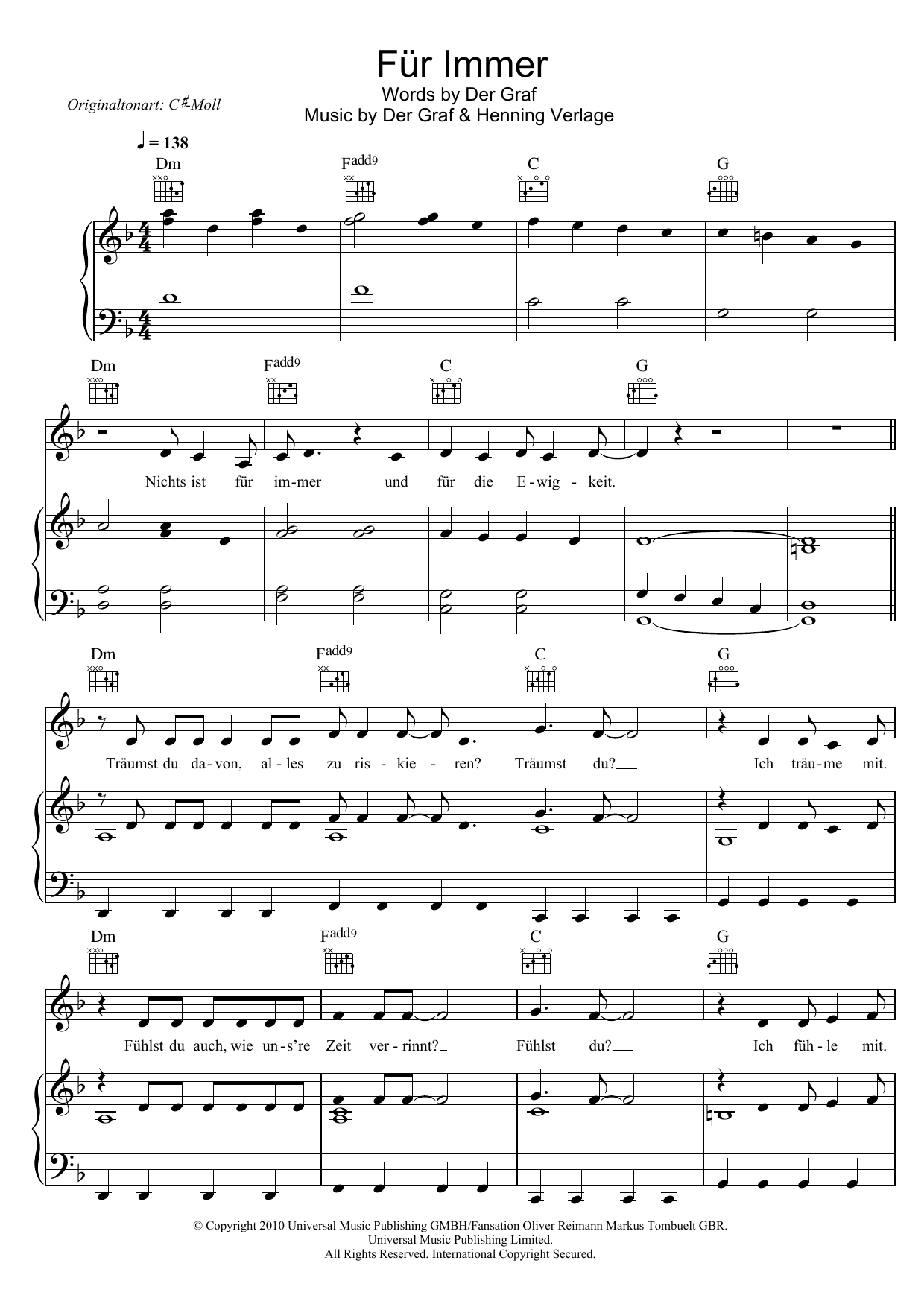 Unheilig Für Immer sheet music notes and chords. Download Printable PDF.