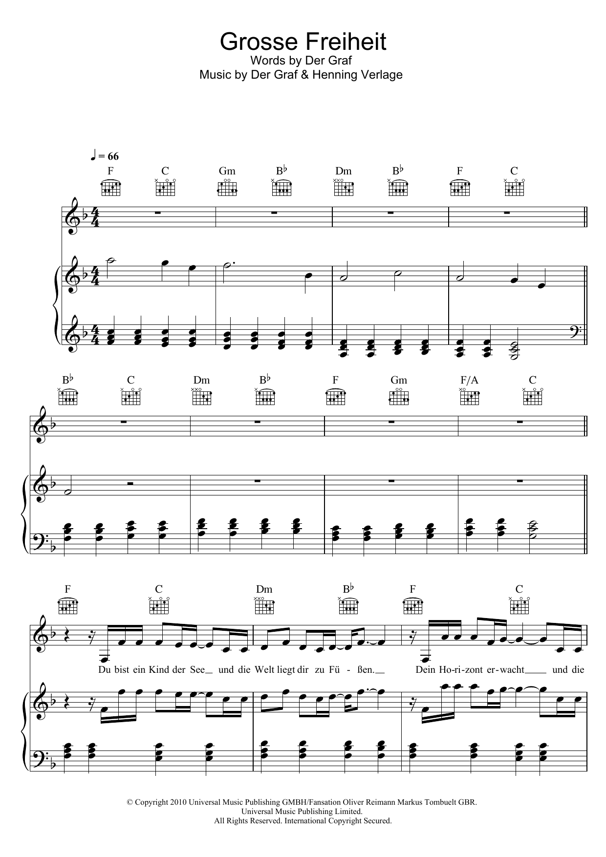 Learn to play Unheilig Grosse Freiheit sheet music for Piano, Vocal & Guitar (Right-Hand Melody) in minutes. Unheilig Grosse Freiheit sheet music notes and chords. Download Printable PDF.