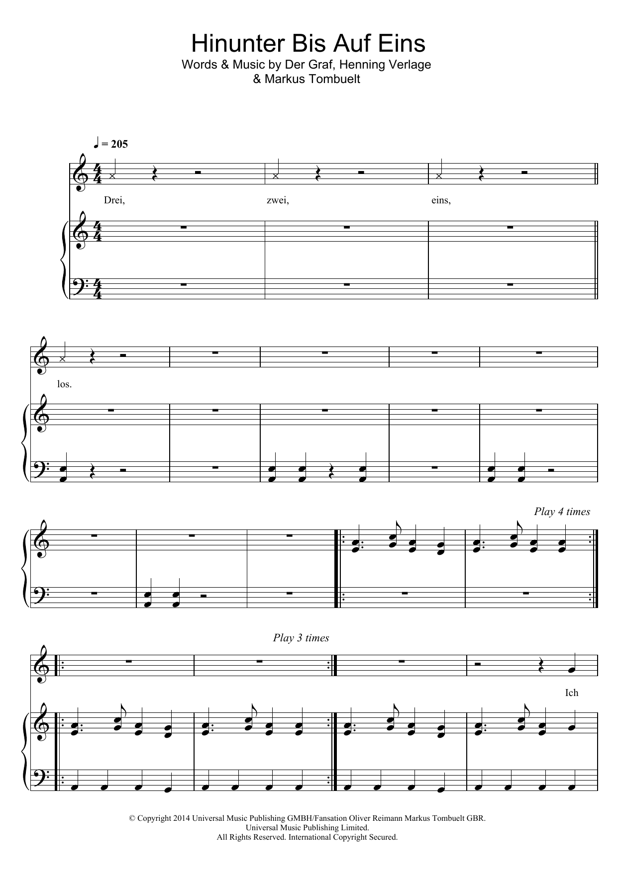 Learn to play Unheilig Hinunter Bis Auf Eins sheet music for Piano, Vocal & Guitar (Right-Hand Melody) in minutes. Unheilig Hinunter Bis Auf Eins sheet music notes and chords. Download Printable PDF.