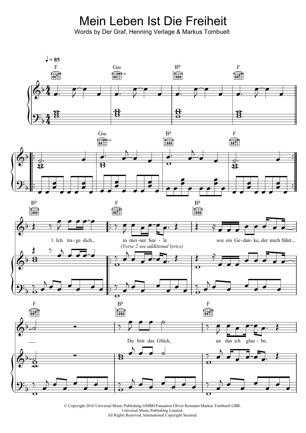 Learn to play Unheilig Mein Leben Ist Die Freiheit sheet music for Piano, Vocal & Guitar (Right-Hand Melody) in minutes. Unheilig Mein Leben Ist Die Freiheit sheet music notes and chords. Download Printable PDF.