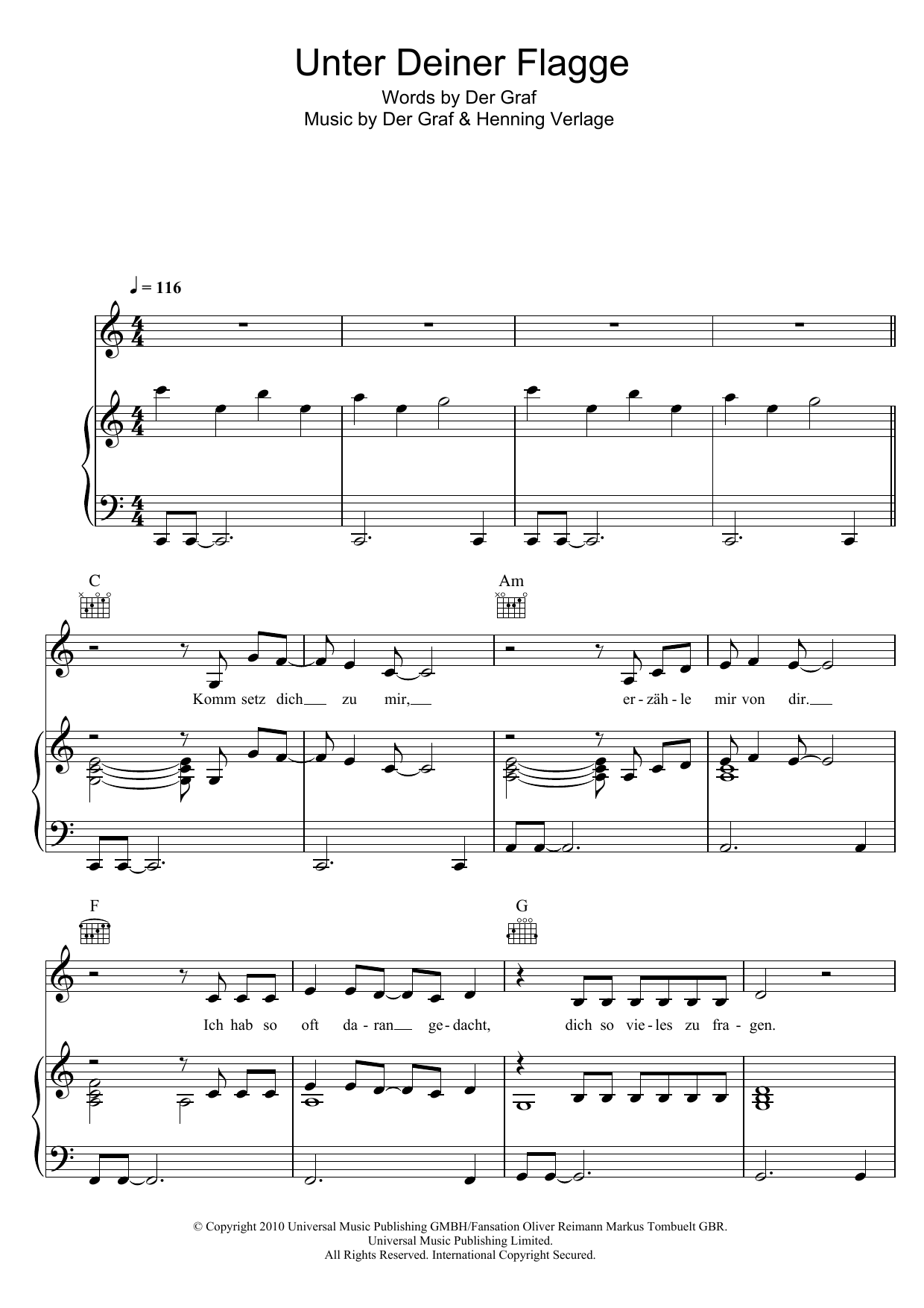 Learn to play Unheilig Unter Deiner Flagge sheet music for Piano, Vocal & Guitar (Right-Hand Melody) in minutes. Unheilig Unter Deiner Flagge sheet music notes and chords. Download Printable PDF.