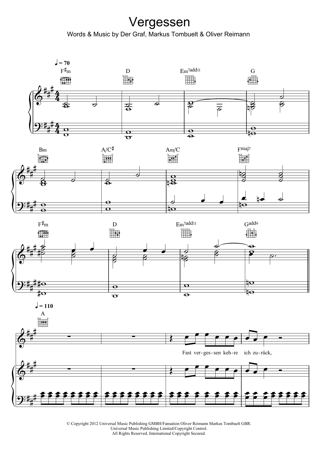 Unheilig Vergessen sheet music notes and chords. Download Printable PDF.