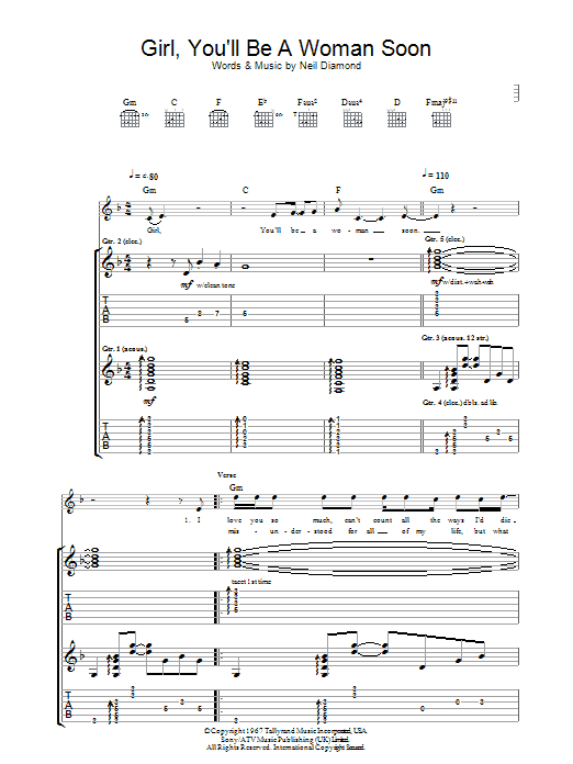 Learn to play Urge Overkill Girl, You'll Be A Woman Soon sheet music for Guitar Tab in minutes. Urge Overkill Girl, You'll Be A Woman Soon sheet music notes and chords. Download Printable PDF.