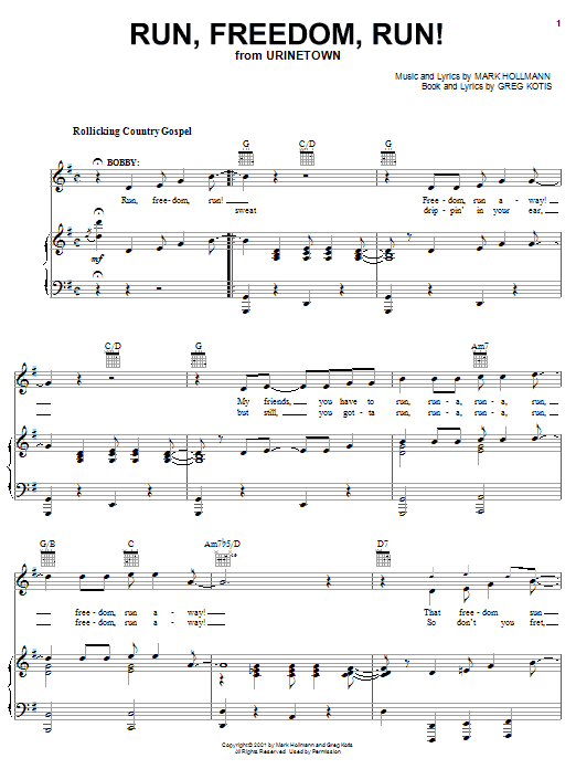 Learn to play Urinetown (Musical) Run, Freedom, Run! sheet music for Lead Sheet / Fake Book in minutes. Price: 5.9900$ Urinetown (Musical) Run, Freedom, Run! sheet music notes and chords arranged for Lead Sheet / Fake Book