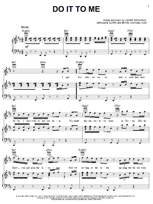 Learn to play Usher Do It To Me sheet music for Piano, Vocal & Guitar (Right-Hand Melody) in minutes. Price: 7.8900$ Usher Do It To Me sheet music notes and chords. Download Printable PDF.