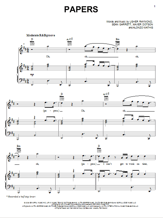 Usher Papers sheet music notes and chords arranged for Piano, Vocal & Guitar Chords (Right-Hand Melody)