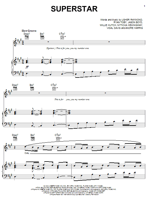 Learn to play Usher Superstar sheet music for Piano, Vocal & Guitar (Right-Hand Melody) in minutes. Price: 7.8900$ Usher Superstar sheet music notes and chords. Download Printable PDF.