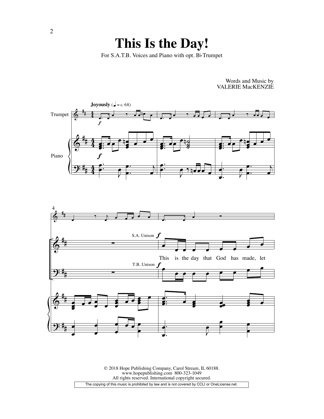 Learn to play Valerie MacKenzie This Is the Day! sheet music for SATB Choir in minutes. Price: 3.9900$ Valerie MacKenzie This Is the Day! sheet music notes and chords arranged for SATB Choir