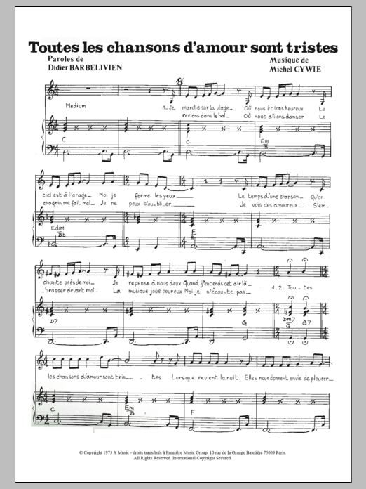 Learn to play Valery Francois Toutes Les Chansons D'amour Sont Tristes sheet music for Piano & Vocal in minutes. Price: 6.9900$ Valery Francois Toutes Les Chansons D'amour Sont Tristes sheet music notes and chords arranged for Piano & Vocal