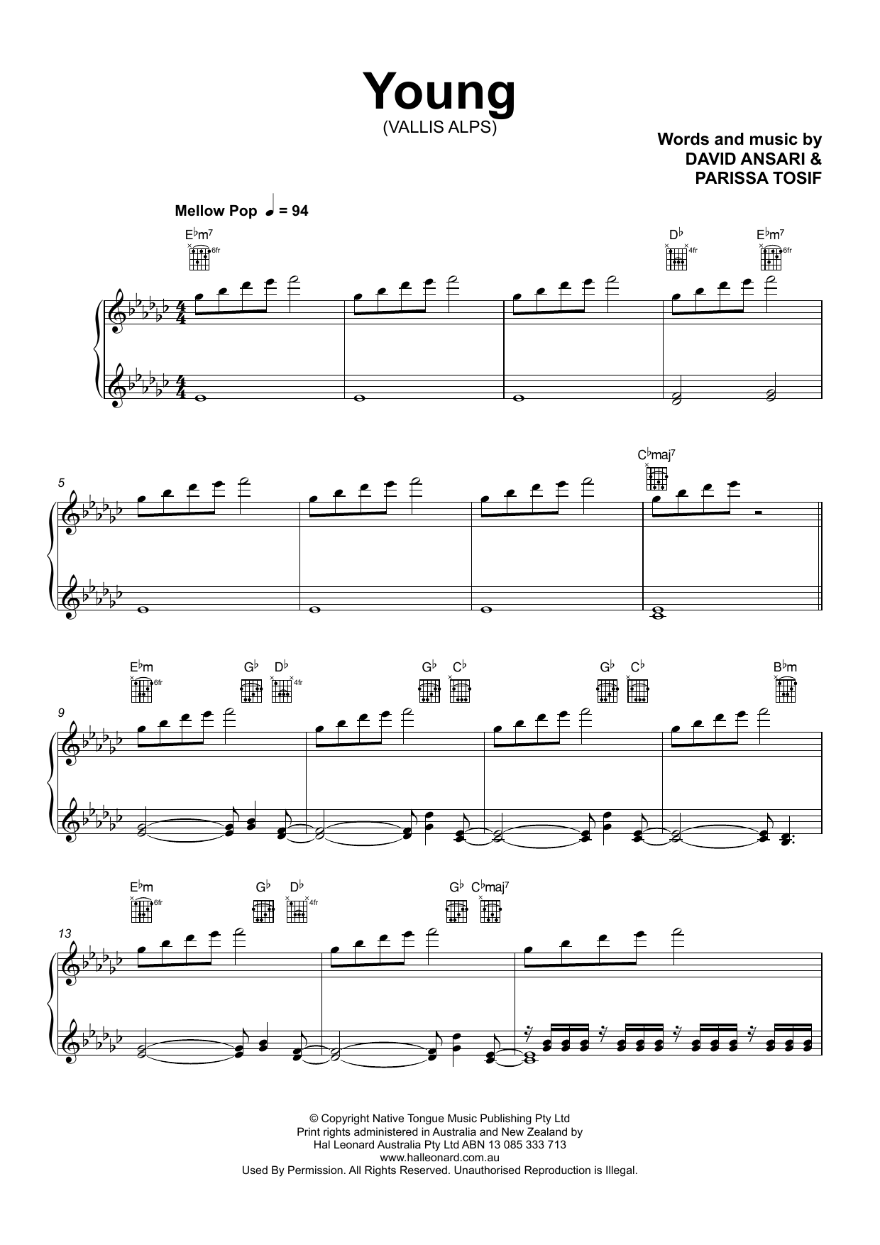 Download Vallis Alps 'Young' Sheet Music, Chords & Lyrics.