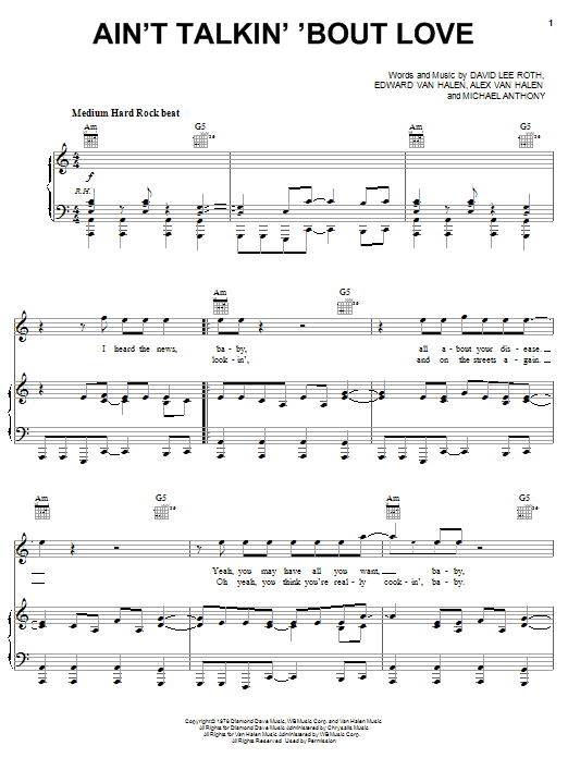 Van Halen Ain't Talkin' 'Bout Love sheet music notes and chords. Download Printable PDF.
