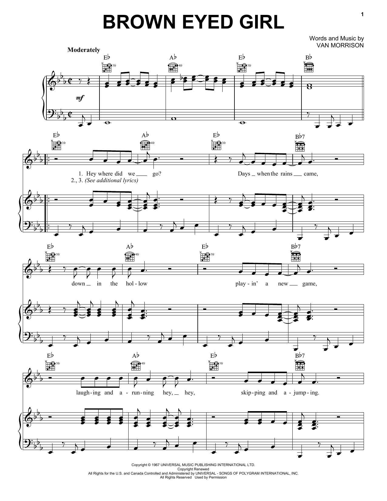 Van Morrison Brown Eyed Girl sheet music notes and chords. Download Printable PDF.