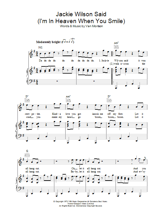 Learn to play Van Morrison Jackie Wilson Said (I'm In Heaven When You Smile) sheet music for Piano, Vocal & Guitar (Right-Hand Melody) in minutes. Van Morrison Jackie Wilson Said (I'm In Heaven When You Smile) sheet music notes and chords. Download Printable PDF.