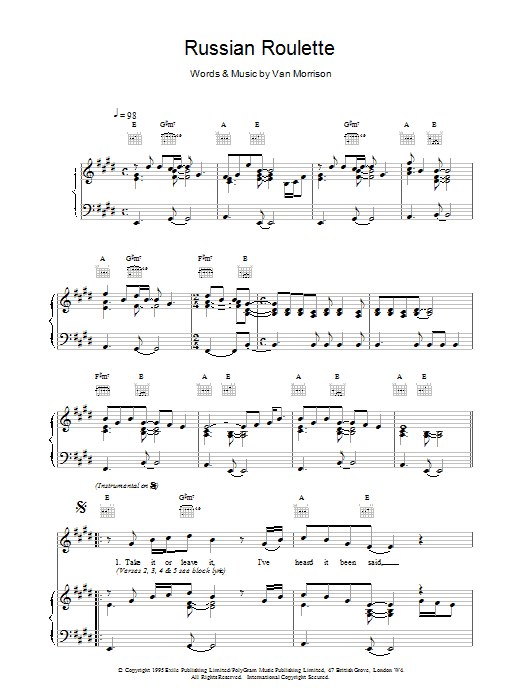 Russian Roulette Sheet Music | Rihanna | Piano, Vocal & Guitar Chords  (Right-Hand Melody)