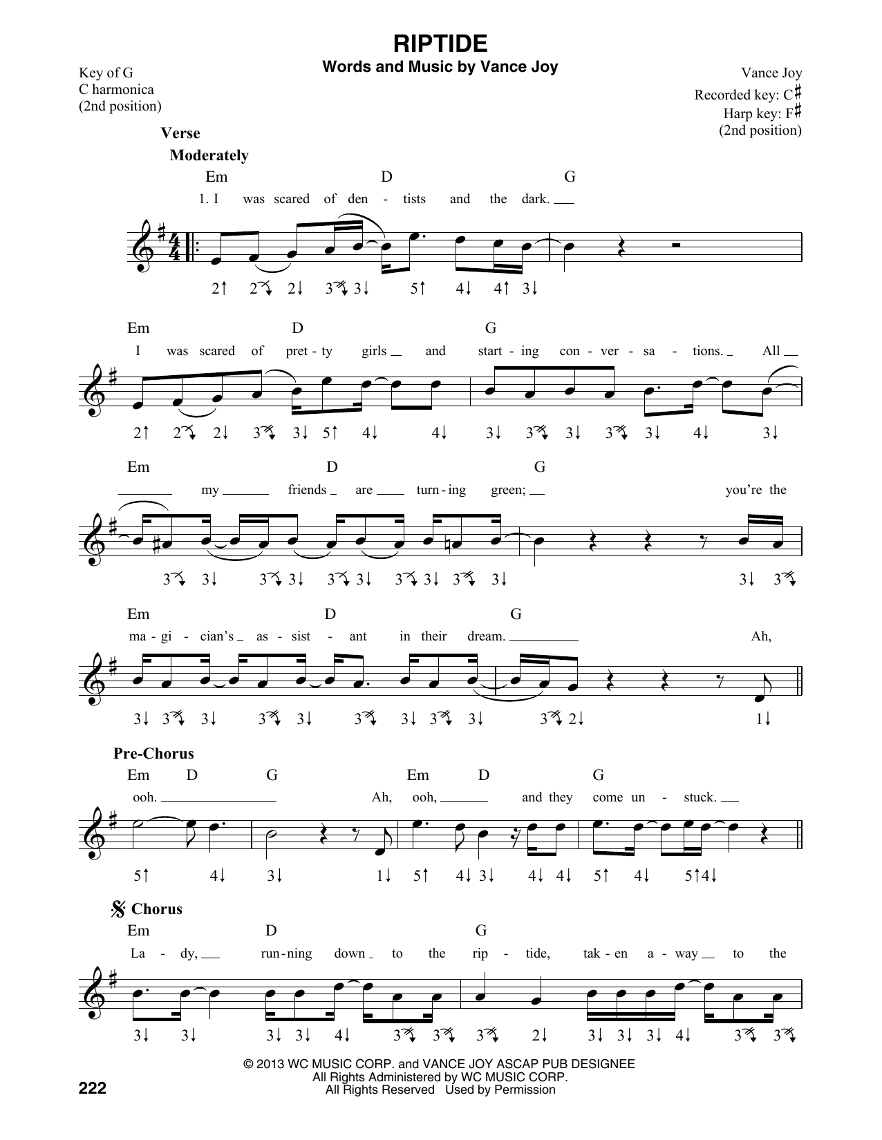 Vance Joy Riptide sheet music notes and chords arranged for Harmonica