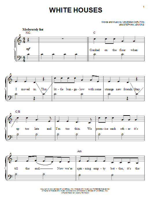 Learn to play Vanessa Carlton White Houses sheet music for Easy Piano in minutes. Price: 6.9900$ Vanessa Carlton White Houses sheet music notes and chords arranged for Easy Piano