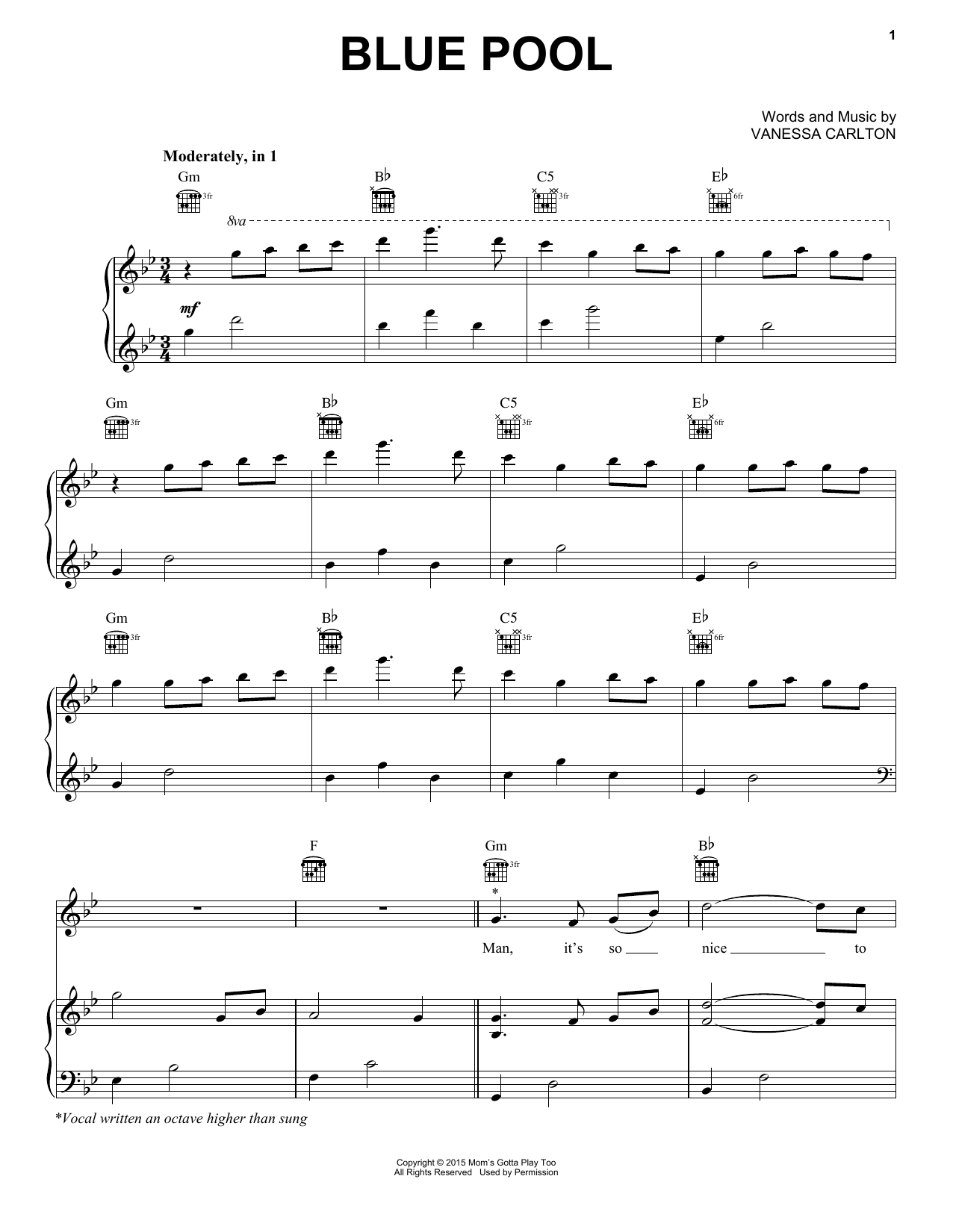 Vanessa Carlton Blue Pool sheet music notes and chords. Download Printable PDF.