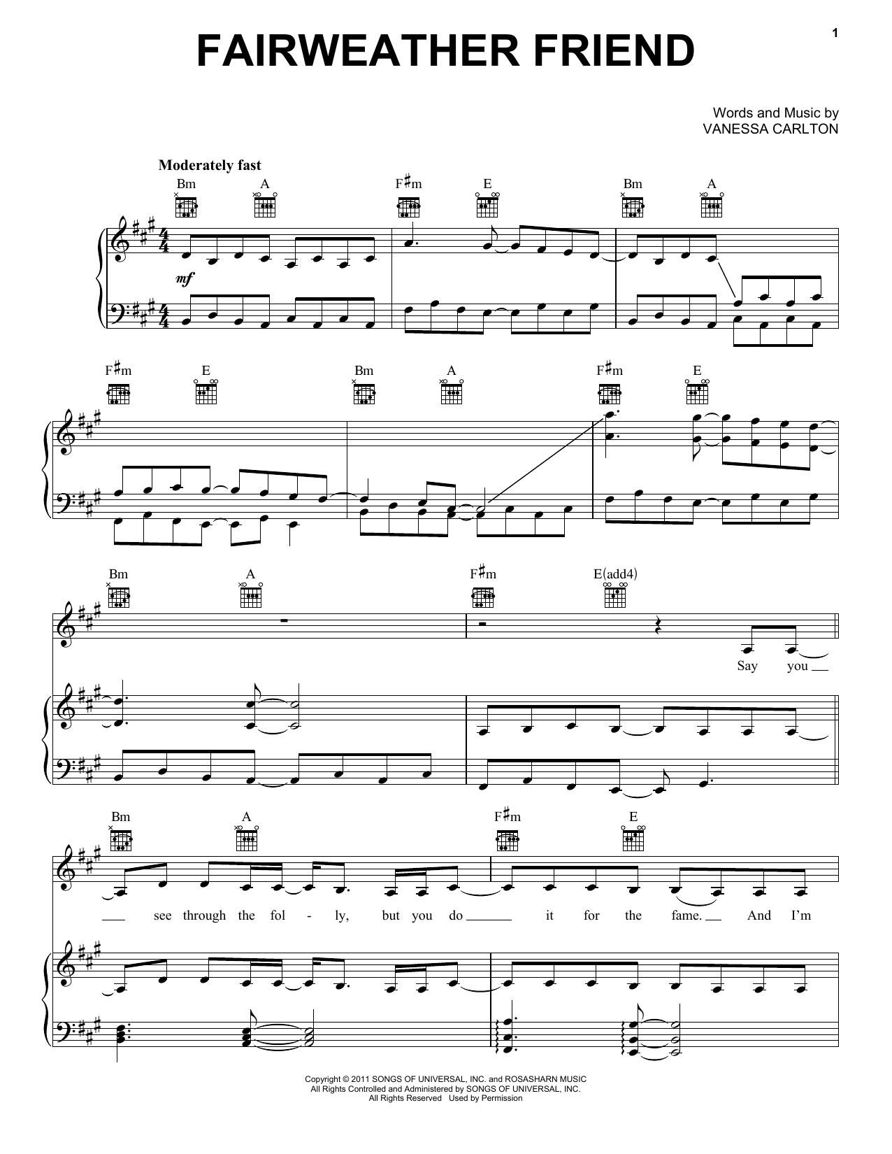 Vanessa Carlton Fairweather Friend sheet music notes and chords. Download Printable PDF.