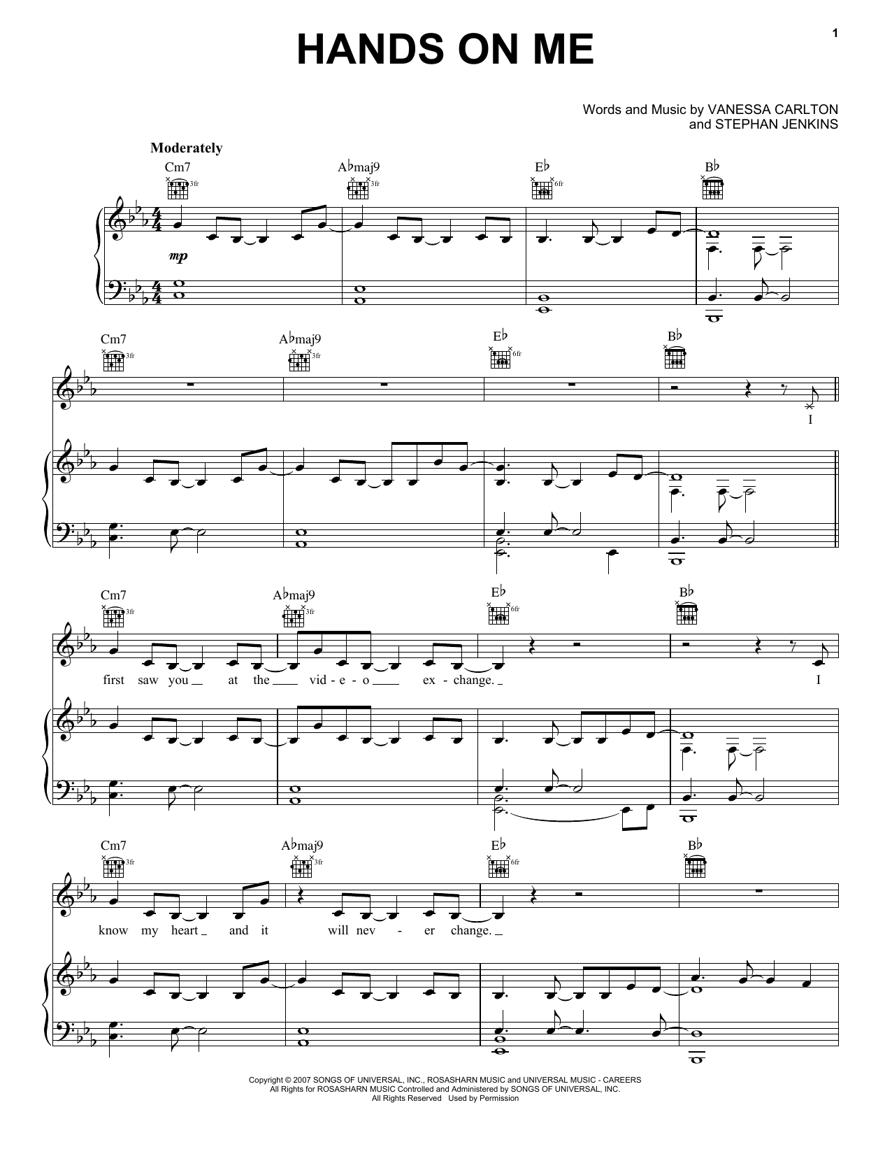 Vanessa Carlton Hands On Me sheet music notes and chords. Download Printable PDF.