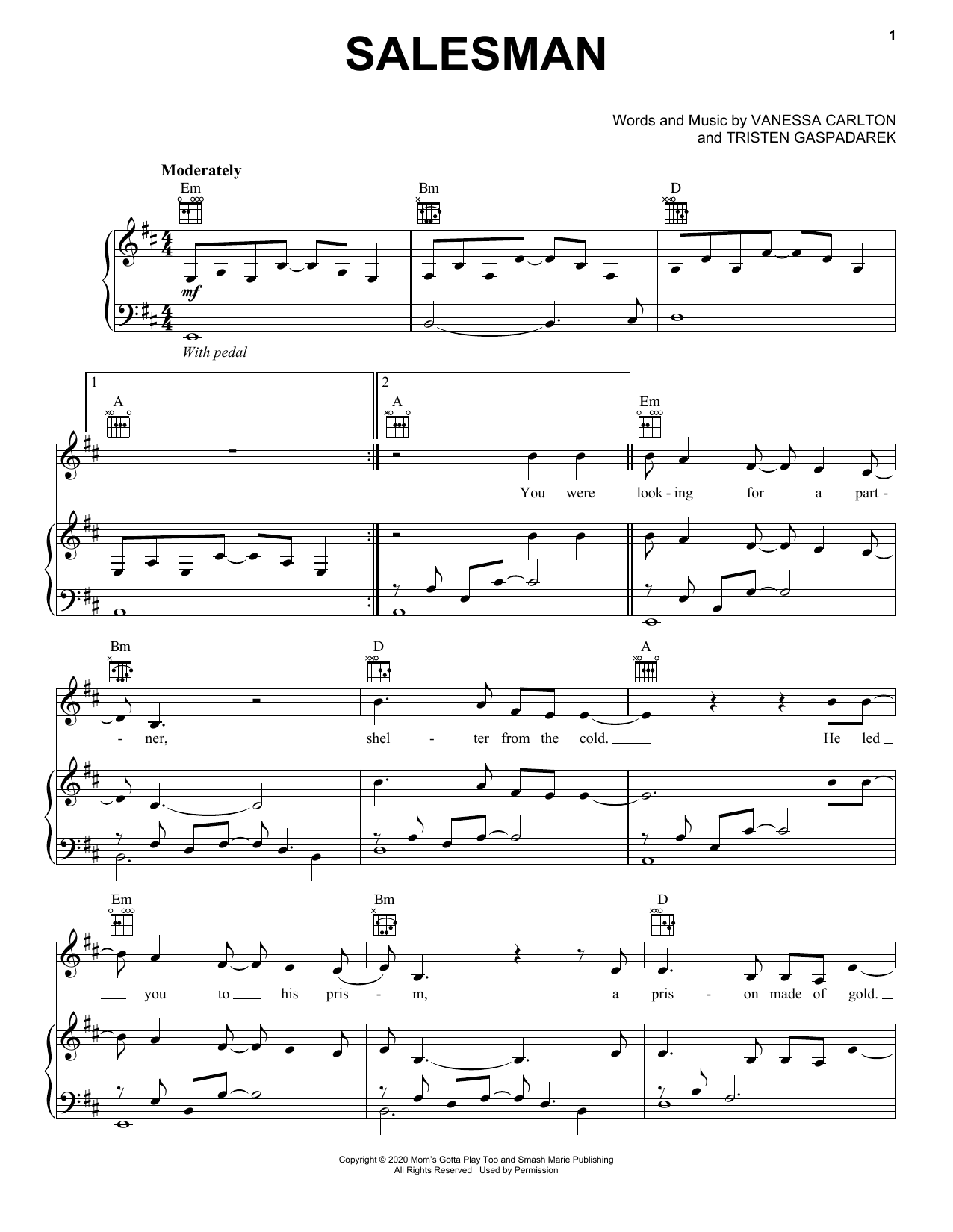 Learn to play Vanessa Carlton Salesman sheet music for Piano, Vocal & Guitar Chords (Right-Hand Melody) in minutes. Price: 6.9900$ Vanessa Carlton Salesman sheet music notes and chords arranged for Piano, Vocal & Guitar Chords (Right-Hand Melody)