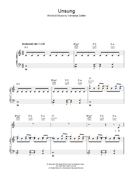 Vanessa Carlton Unsung sheet music notes and chords. Download Printable PDF.